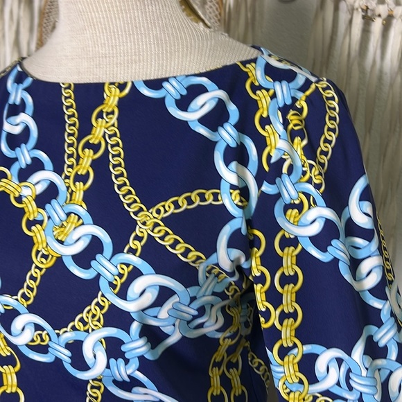 J. McLaughlin Blue Chain Detail Drawstring Waist Boatneck Dress Size Small - Picture 3 of 10
